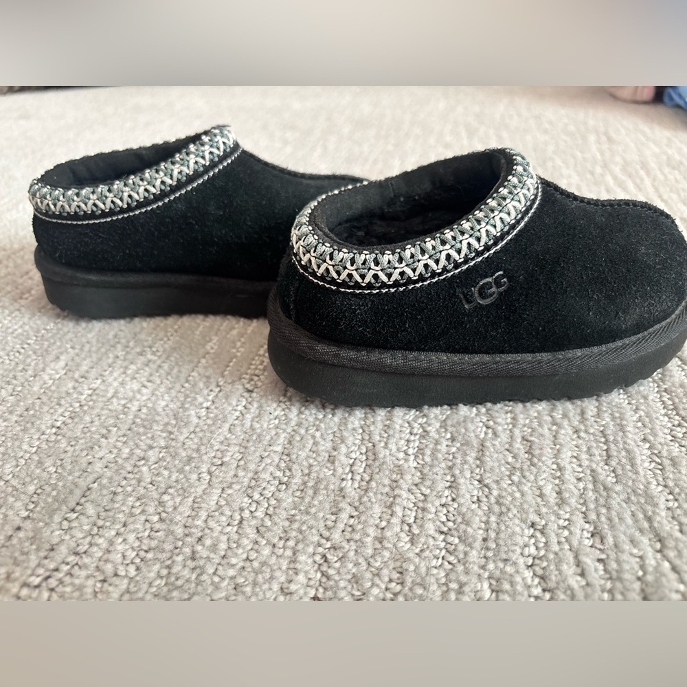 UGG Kids Black Suede Slip-On Clog Slippers with Woven Trim